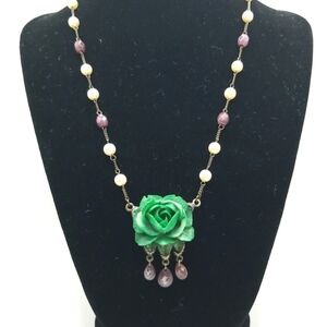 Monet Signed Vintage Green Rose and Faux Pearl & Purple Bead Necklace